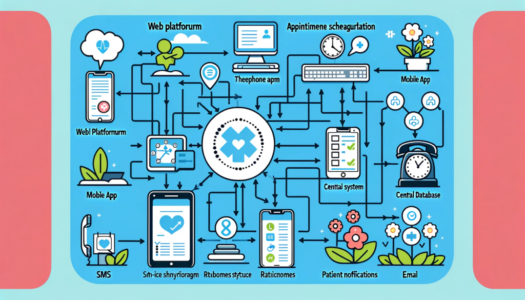 진료 예약 시스템 통합을 위한 다양한 플랫폼의 통합 구조를 보여줍니다. 이 구조는 웹 플랫폼, 모바일 앱, 전화 시스템이 중앙 데이터베이스에 연결되어 실시간으로 동기화되며, 예약 관리 시스템을 통해 모든 예약 정보가 처리
